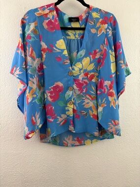Vici colorful floral blue blouse wide open kimono-style sleeves size S